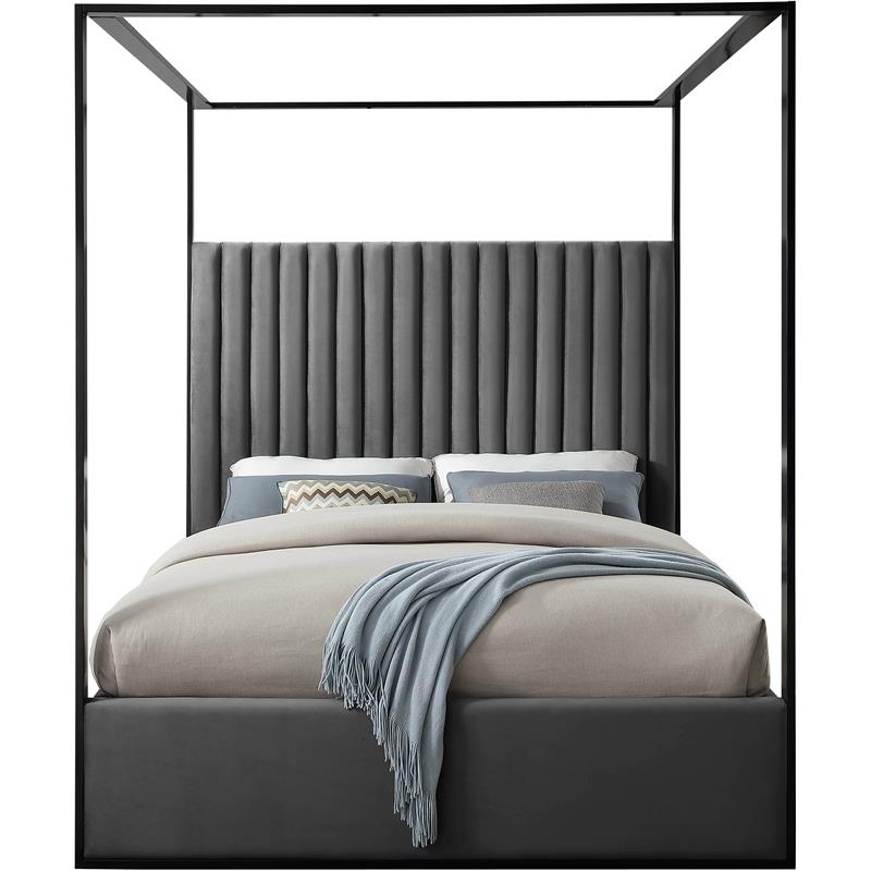 Meridian Furniture Jax Solid Wood and Velvet King Bed in Gray