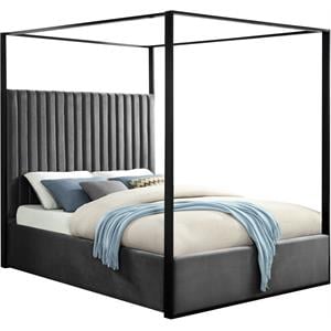 meridian furniture jax solid wood and velvet bed in gray