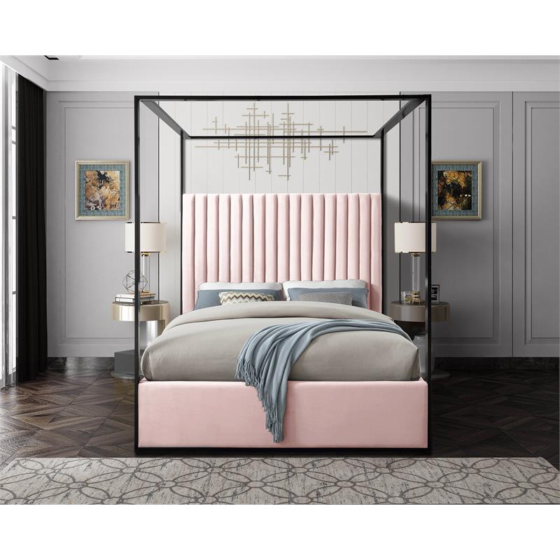 Meridian Furniture Jax Solid Wood and Velvet Queen Bed in Pink