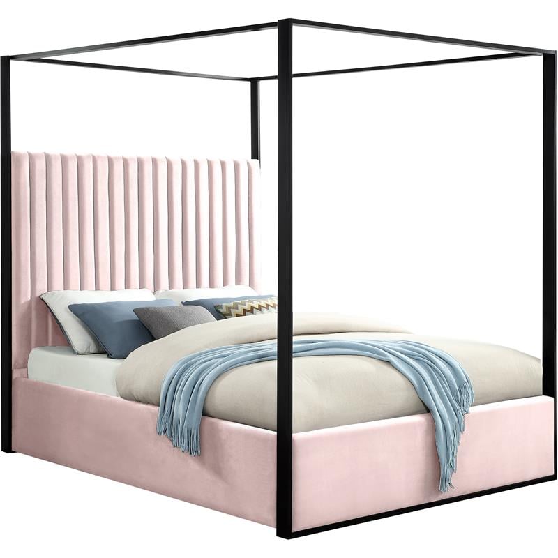 Meridian Furniture Jax Solid Wood and Velvet Queen Bed in Pink