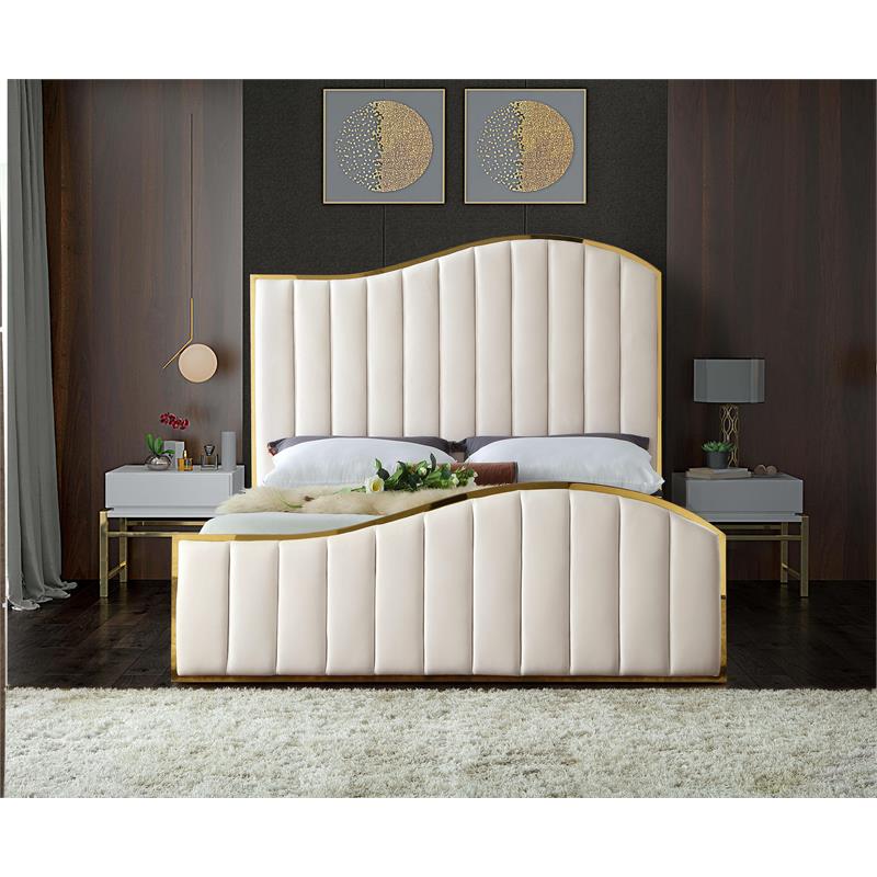 Meridian Furniture Jolie Solid Wood and Velvet King Bed in Cream