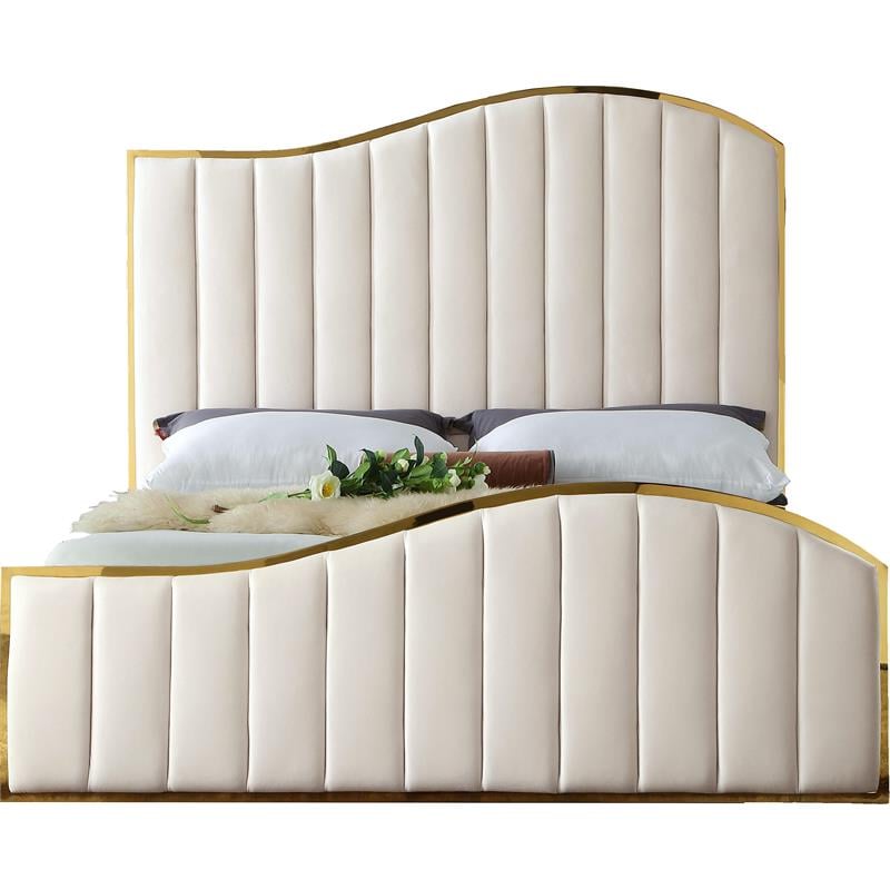 Meridian Furniture Jolie Solid Wood and Velvet Queen Bed in Cream