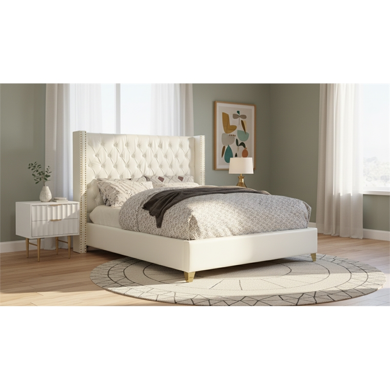 Meridian Furniture Soho Solid Wood and Vegan Leather Full Bed in White