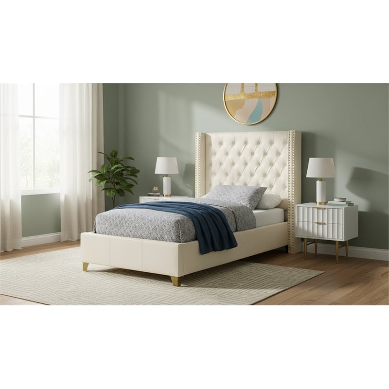Meridian Furniture Soho Solid Wood and Vegan Leather Twin Bed in White