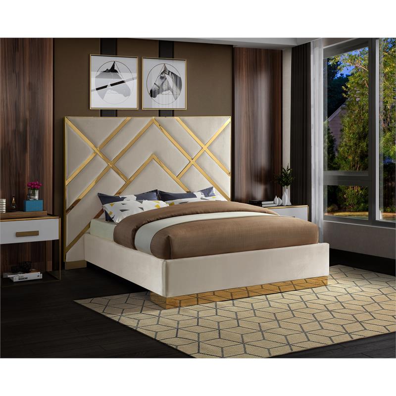 Meridian Furniture Vector Solid Wood and Velvet King Bed in Cream