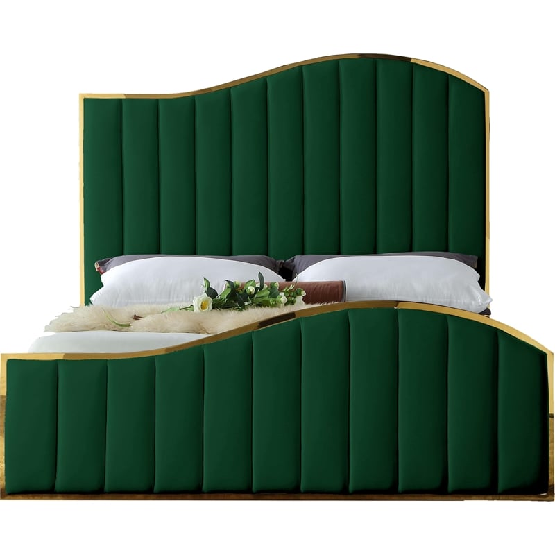 Meridian Furniture Jolie Solid Wood and Velvet Queen Bed in Green