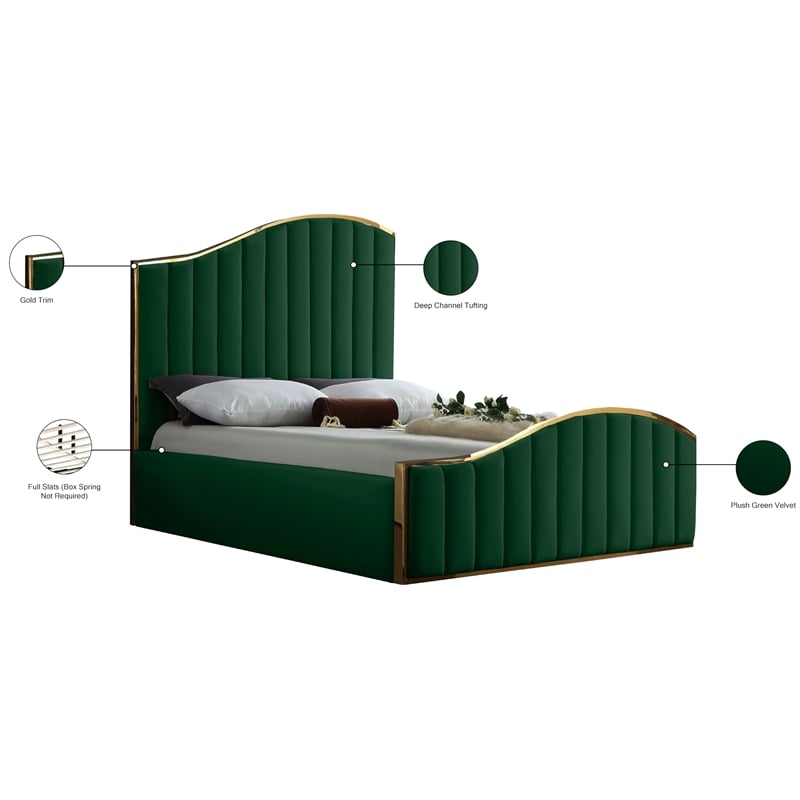 Meridian Furniture Jolie Solid Wood and Velvet Queen Bed in Green