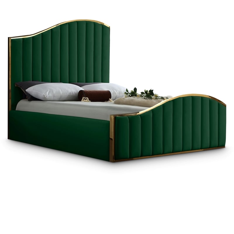 Meridian Furniture Jolie Solid Wood and Velvet Queen Bed in Green