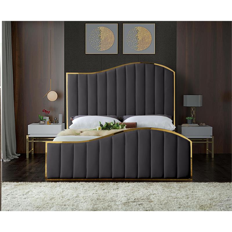 Meridian Furniture Jolie Solid Wood and Velvet King Bed in Gray
