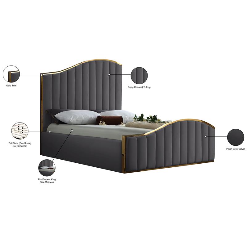 Meridian Furniture Jolie Solid Wood and Velvet King Bed in Gray