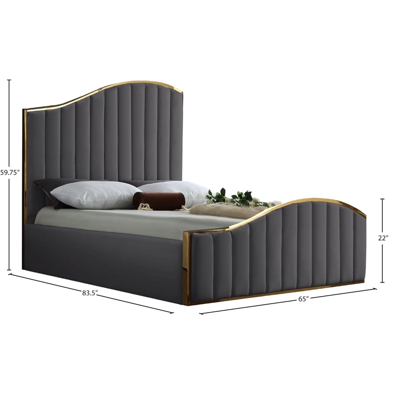Meridian Furniture Jolie Solid Wood and Velvet Queen Bed in Gray