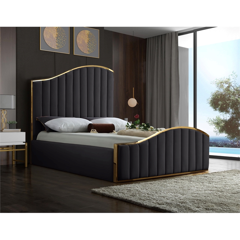 Meridian Furniture Jolie Solid Wood and Velvet Queen Bed in Gray
