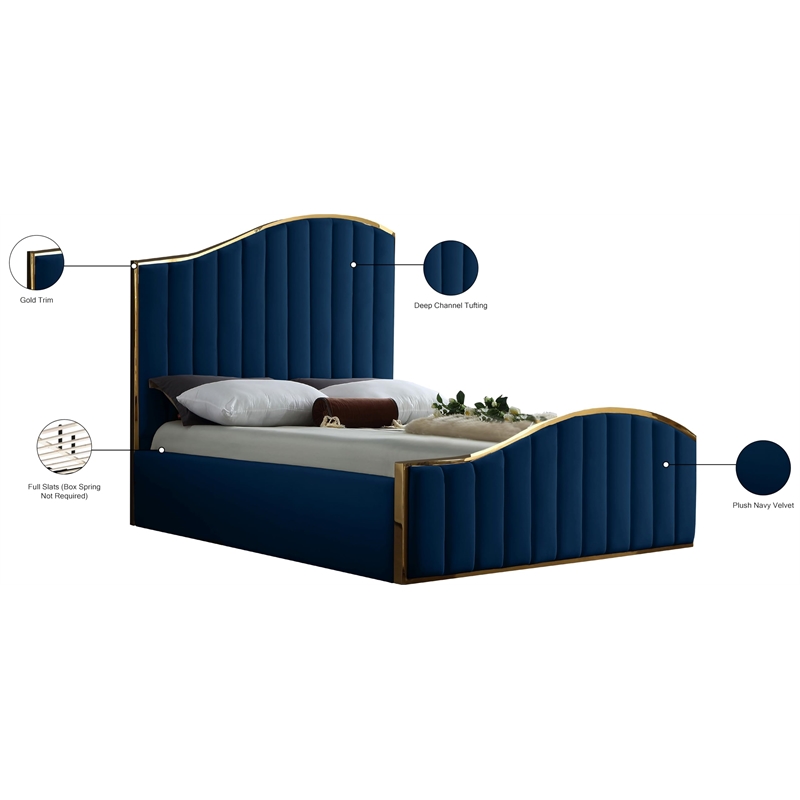 Meridian Furniture Jolie Solid Wood and Velvet Queen Bed in Navy