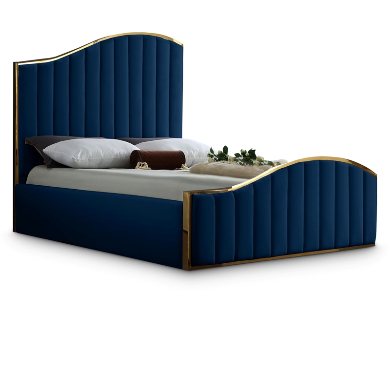Meridian Furniture Jolie Solid Wood and Velvet Queen Bed in Navy