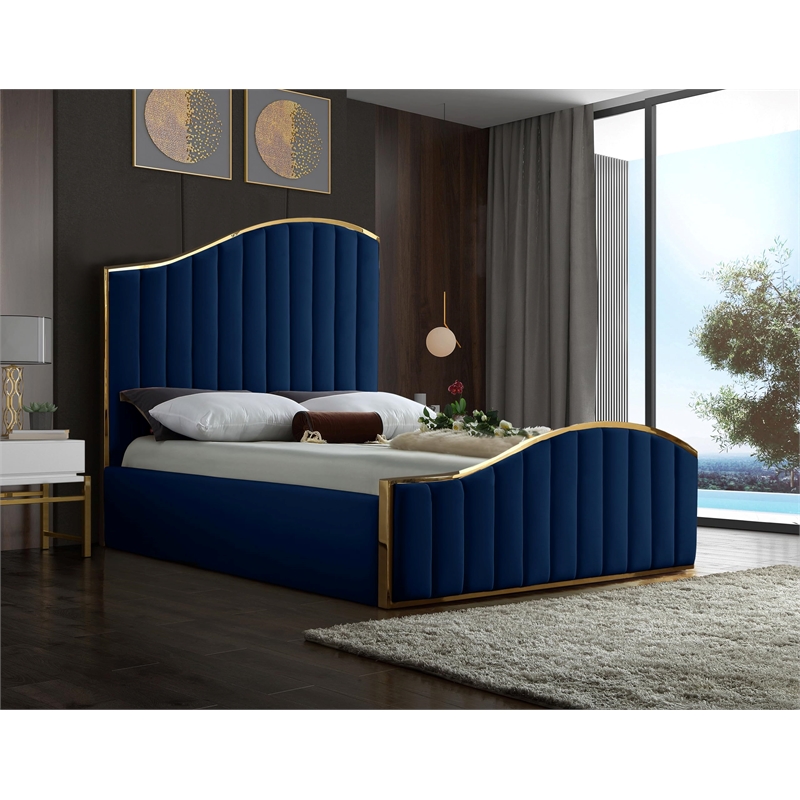 Meridian Furniture Jolie Solid Wood and Velvet Queen Bed in Navy