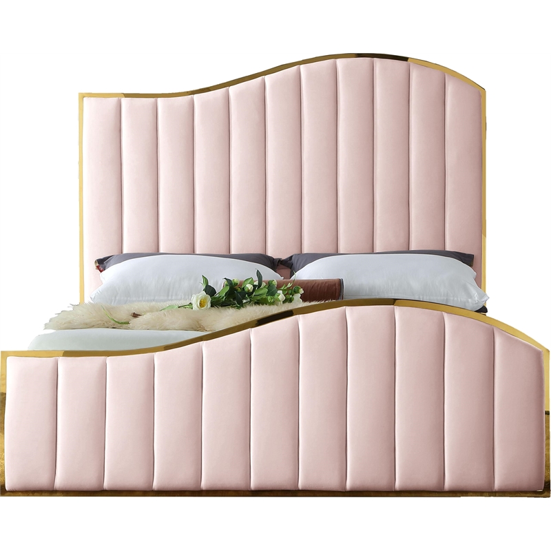 Meridian Furniture Jolie Solid Wood and Velvet Queen Bed in Pink