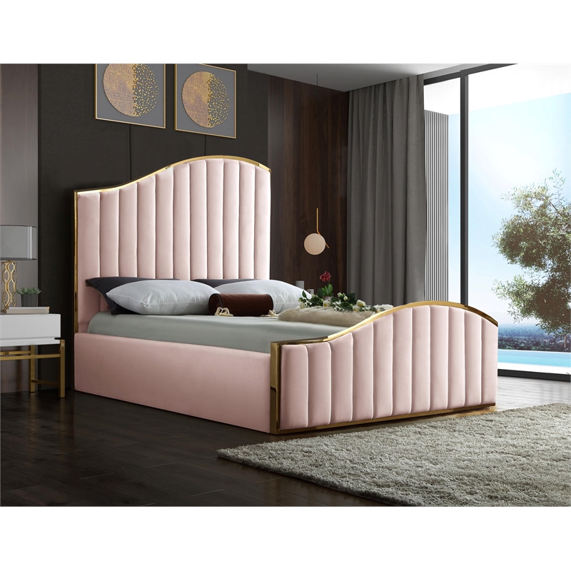 Meridian Furniture Jolie Solid Wood and Velvet Queen Bed in Pink