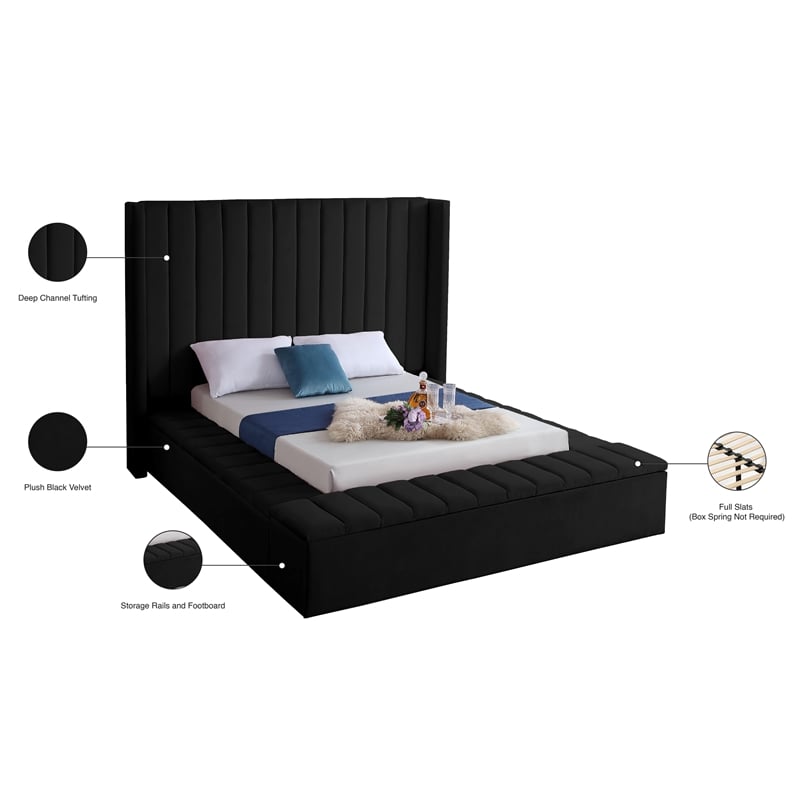 Meridian Furniture Kiki Solid Wood and Velvet Queen Bed in Black