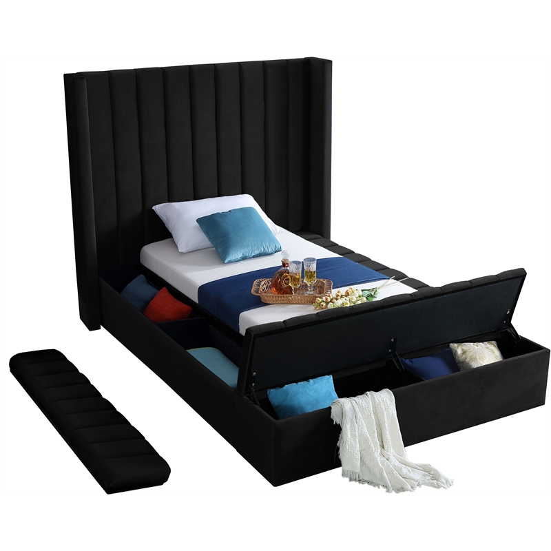 Meridian Furniture Kiki Solid Wood and Velvet Twin Bed in Black