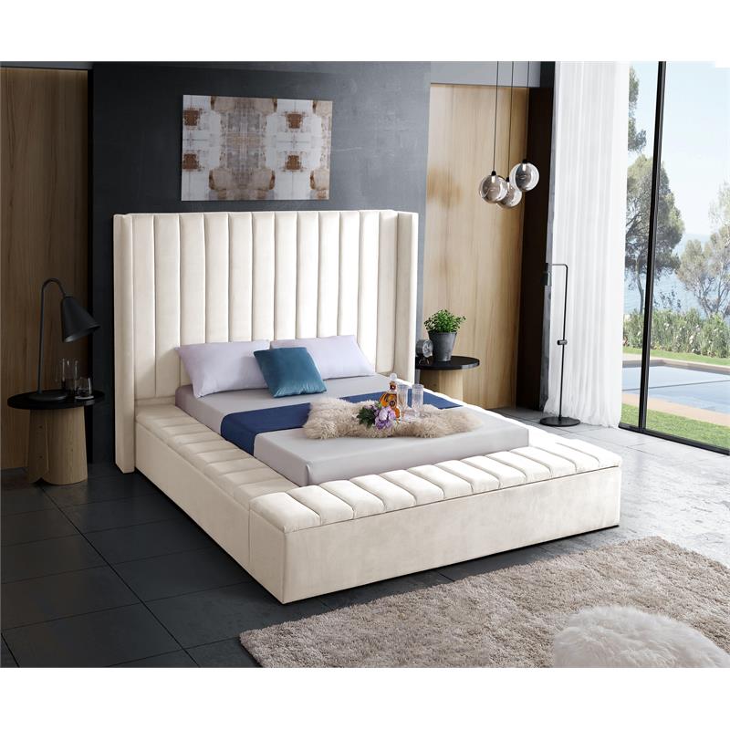 Meridian Furniture Kiki Solid Wood and Velvet Full Bed in Cream