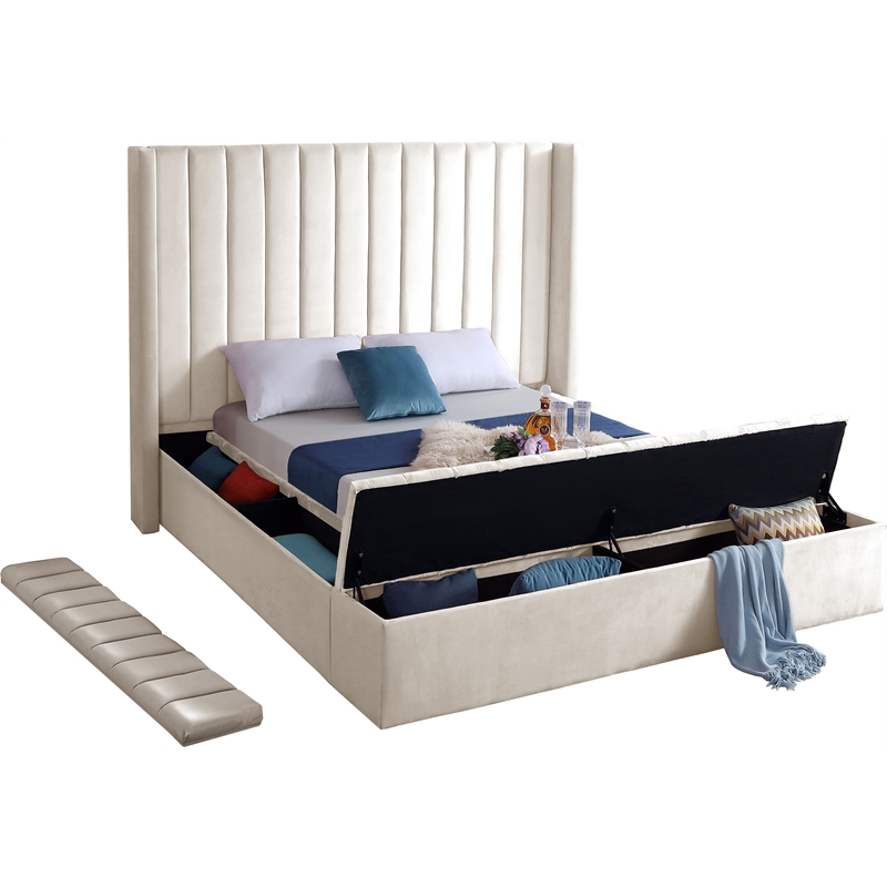 Meridian Furniture Kiki Solid Wood and Velvet Full Bed in Cream