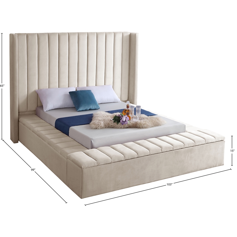 Meridian Furniture Kiki Solid Wood and Velvet King Bed in Cream