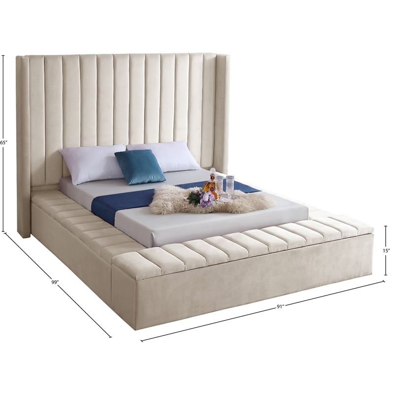 Meridian Furniture Kiki Solid Wood and Velvet Queen Bed in Cream