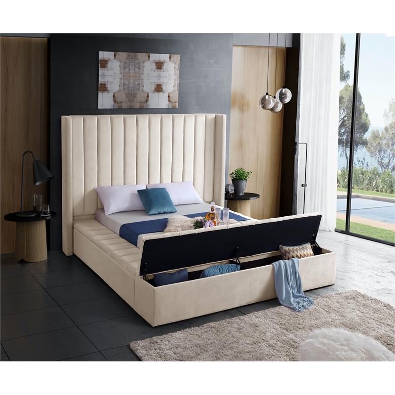 Meridian Furniture Kiki Solid Wood and Velvet Queen Bed in Cream