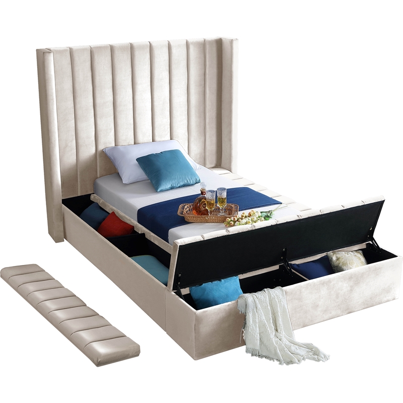 Meridian Furniture Kiki Solid Wood and Velvet Twin Bed in Cream