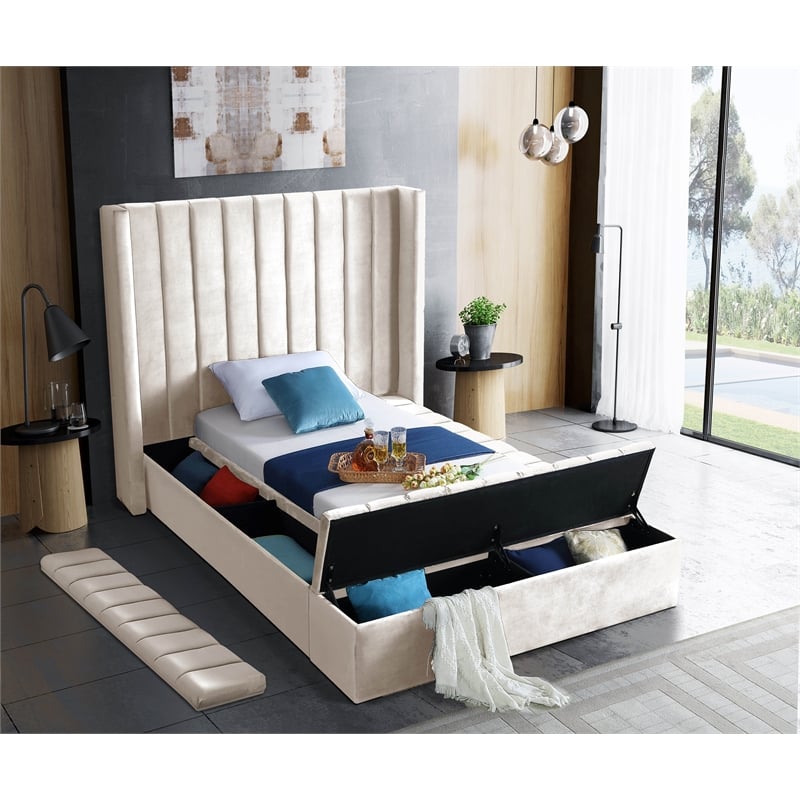 Meridian Furniture Kiki Solid Wood and Velvet Twin Bed in Cream