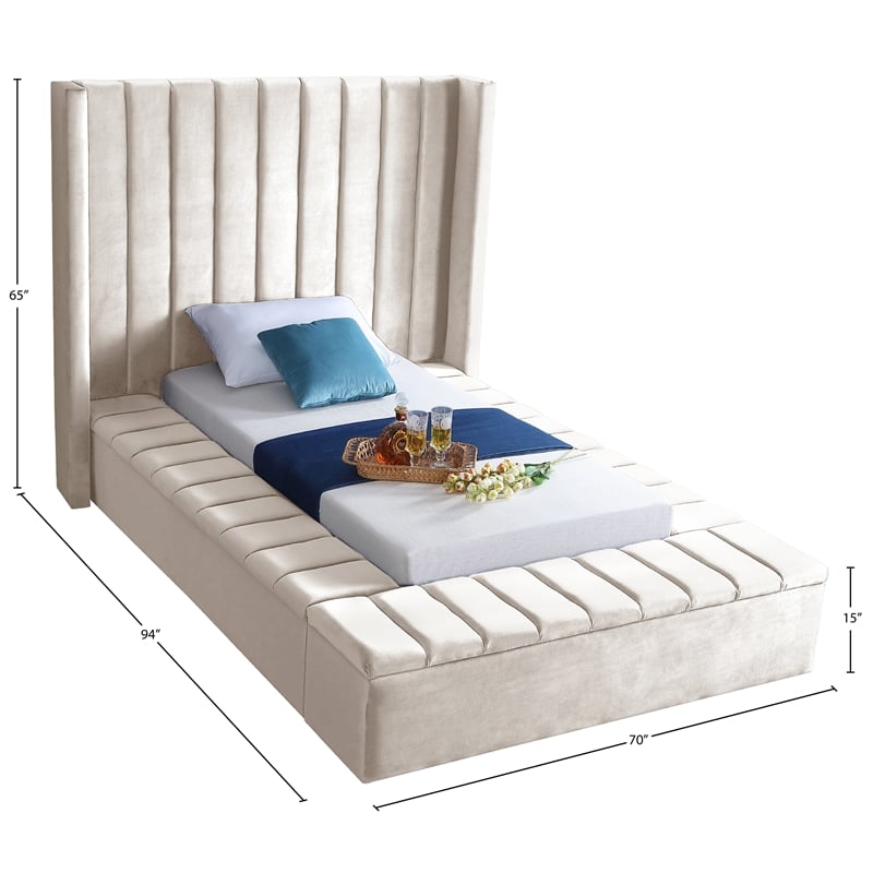 Meridian Furniture Kiki Solid Wood and Velvet Twin Bed in Cream