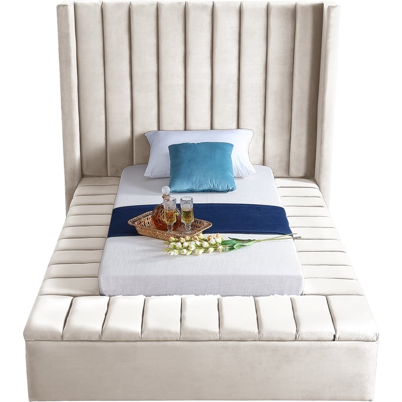 Meridian Furniture Kiki Solid Wood and Velvet Twin Bed in Cream