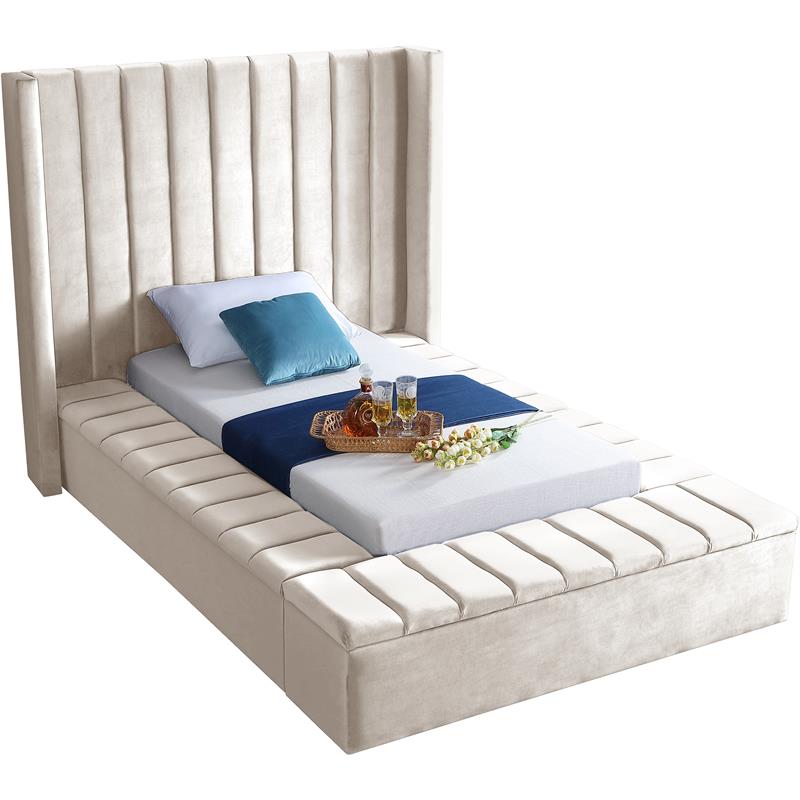 Meridian Furniture Kiki Solid Wood and Velvet Twin Bed in Cream