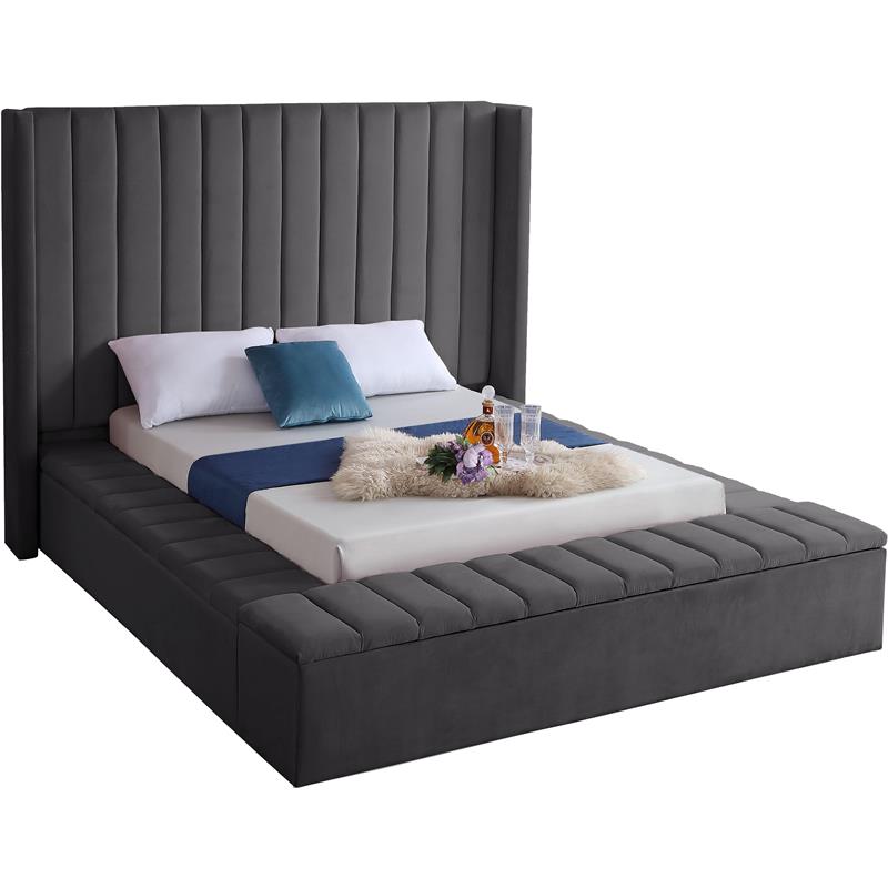 Meridian Furniture Kiki Solid Wood and Velvet Full Bed in Gray