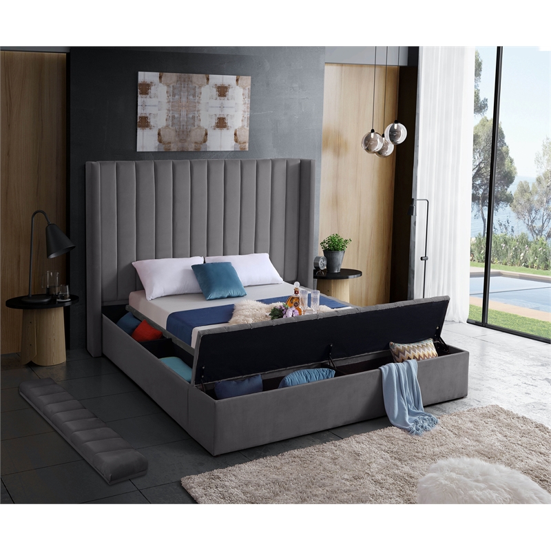 Meridian Furniture Kiki Solid Wood and Velvet Queen Bed in Gray