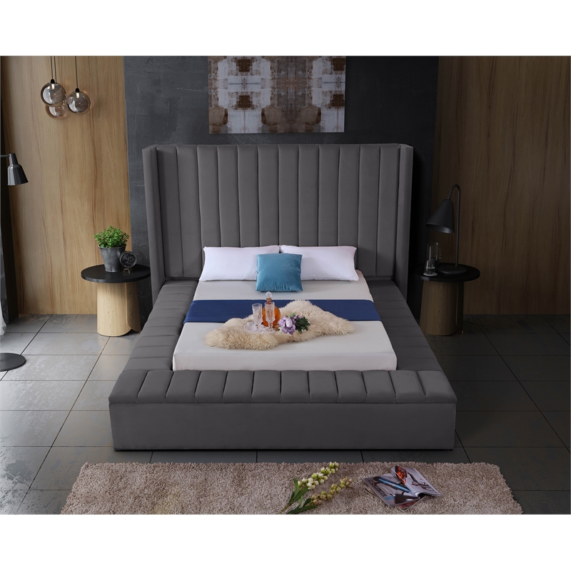 Meridian Furniture Kiki Solid Wood and Velvet Queen Bed in Gray
