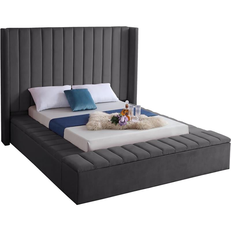 Meridian Furniture Kiki Solid Wood and Velvet Queen Bed in Gray
