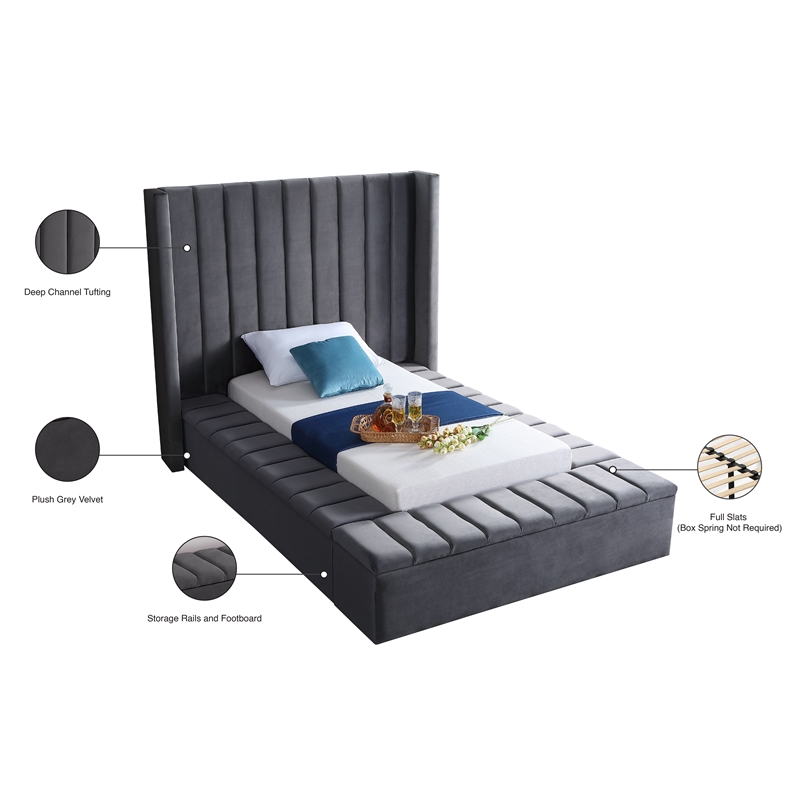 Meridian Furniture Kiki Solid Wood and Velvet Twin Bed in Gray