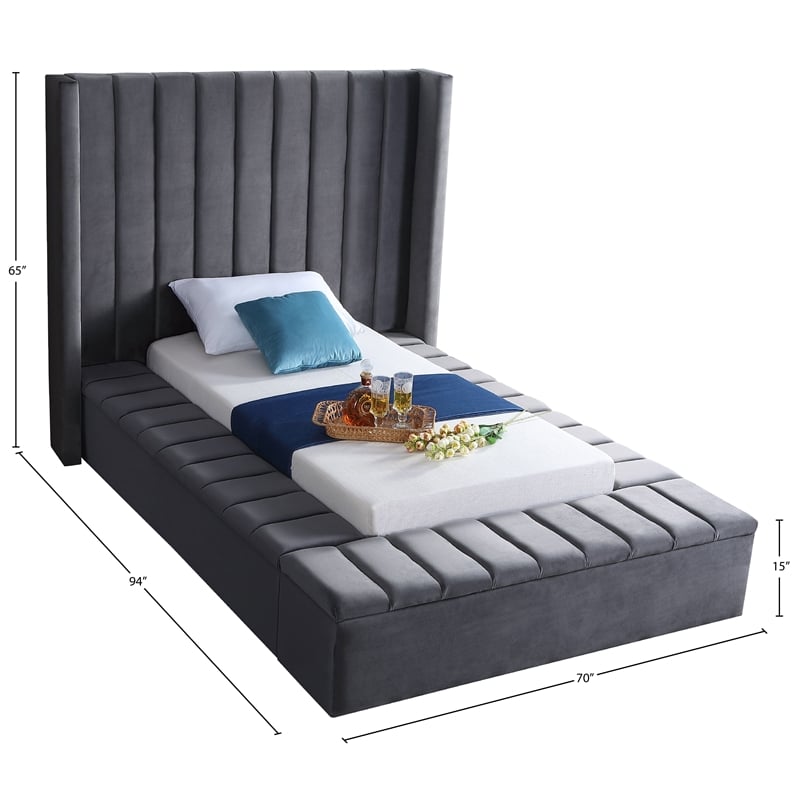 Meridian Furniture Kiki Solid Wood and Velvet Twin Bed in Gray