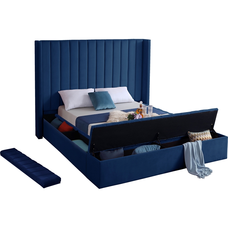Meridian Furniture Kiki Solid Wood and Velvet Full Bed in Navy