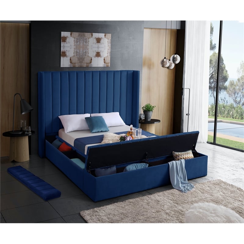 Meridian Furniture Kiki Solid Wood and Velvet Full Bed in Navy