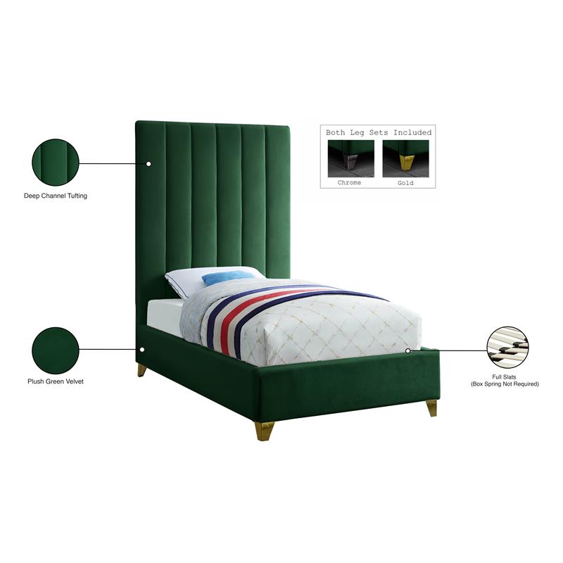 Meridian Furniture Via Rich Velvet Twin Bed in Green