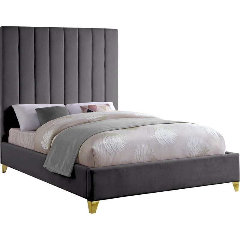 Meridian Furniture Via Rich Velvet Full Bed in Gray