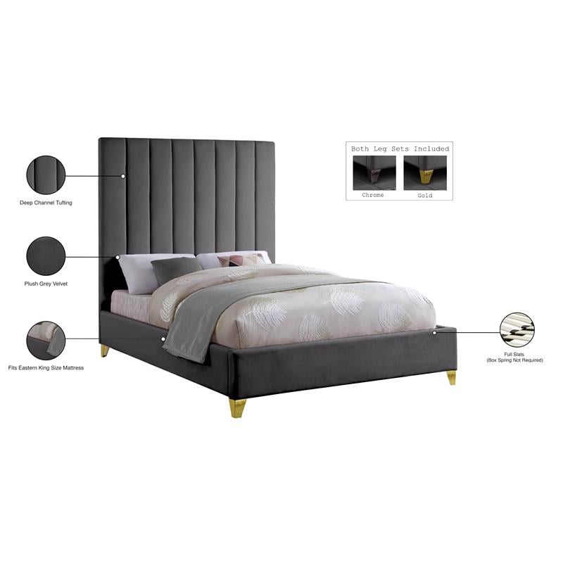 Meridian Furniture Via Rich Velvet King Bed in Gray