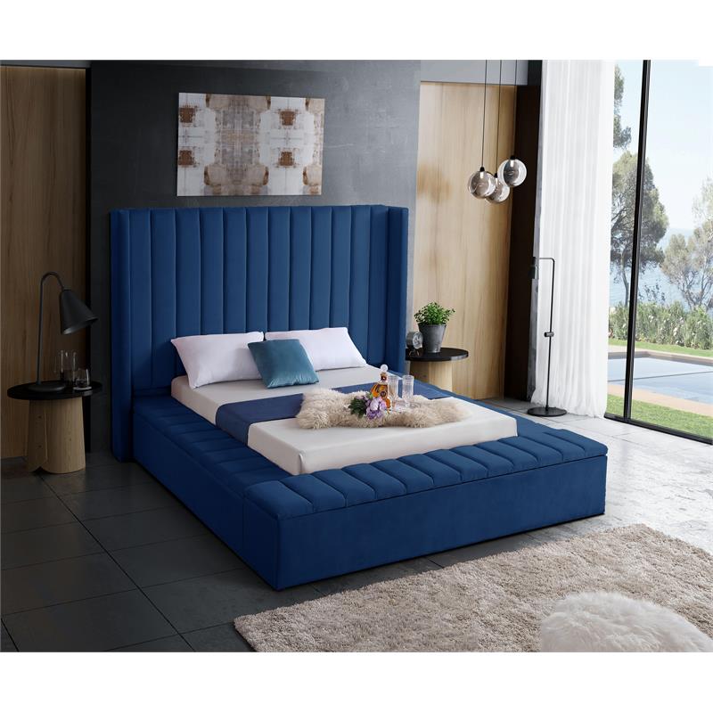Meridian Furniture Kiki Solid Wood and Velvet King Bed in Navy