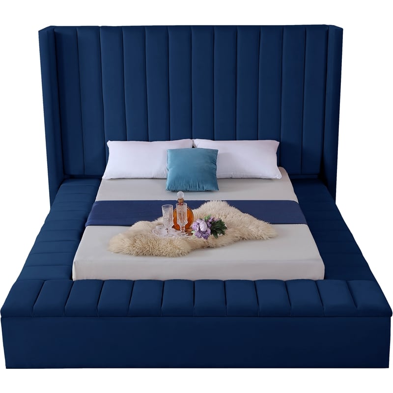 Meridian Furniture Kiki Solid Wood and Velvet King Bed in Navy
