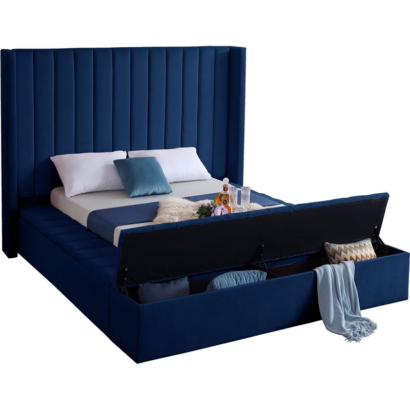 Meridian Furniture Kiki Solid Wood and Velvet Queen Bed in Navy