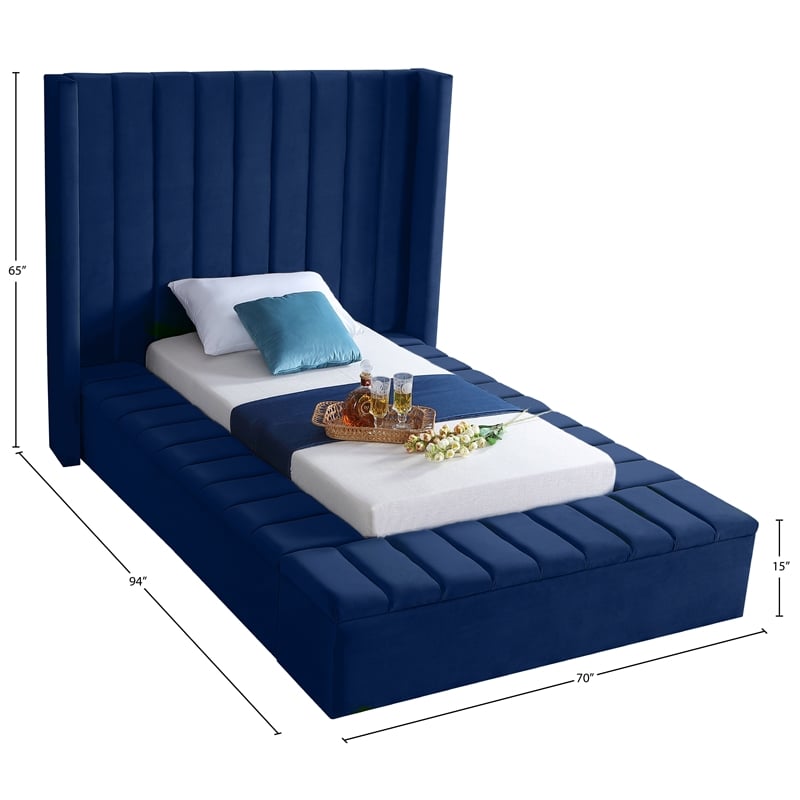 Meridian Furniture Kiki Solid Wood and Velvet Twin Bed in Navy