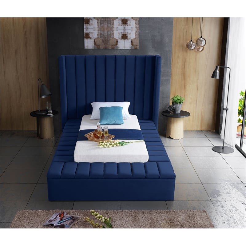 Meridian Furniture Kiki Solid Wood and Velvet Twin Bed in Navy