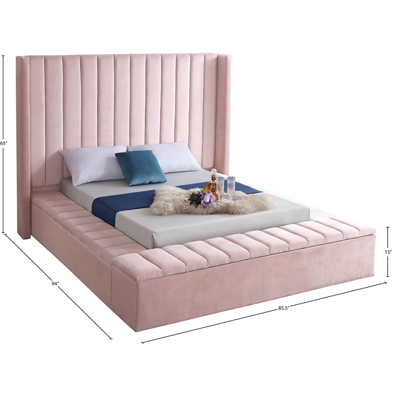 Meridian Furniture Kiki Solid Wood and Velvet Full Bed in Pink